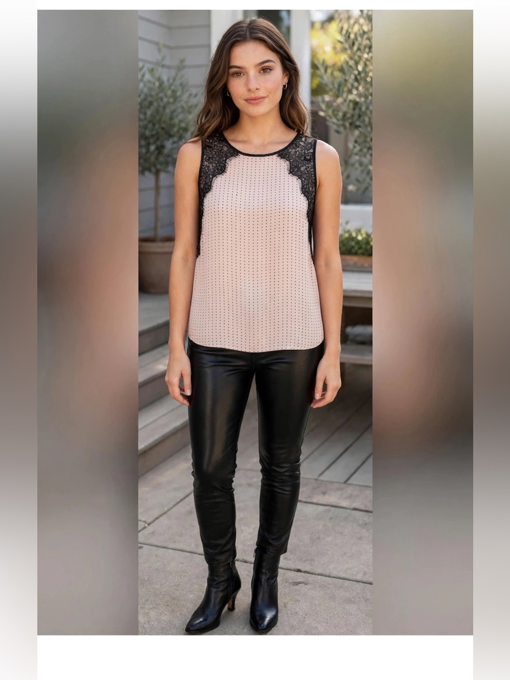 LOFT Blush Pink Polka Dot Tank with Black Lace Trim
